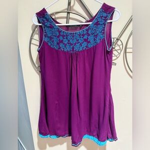 Melange Purple and Teal Sleeveless Blouse, Size M, Embroidered